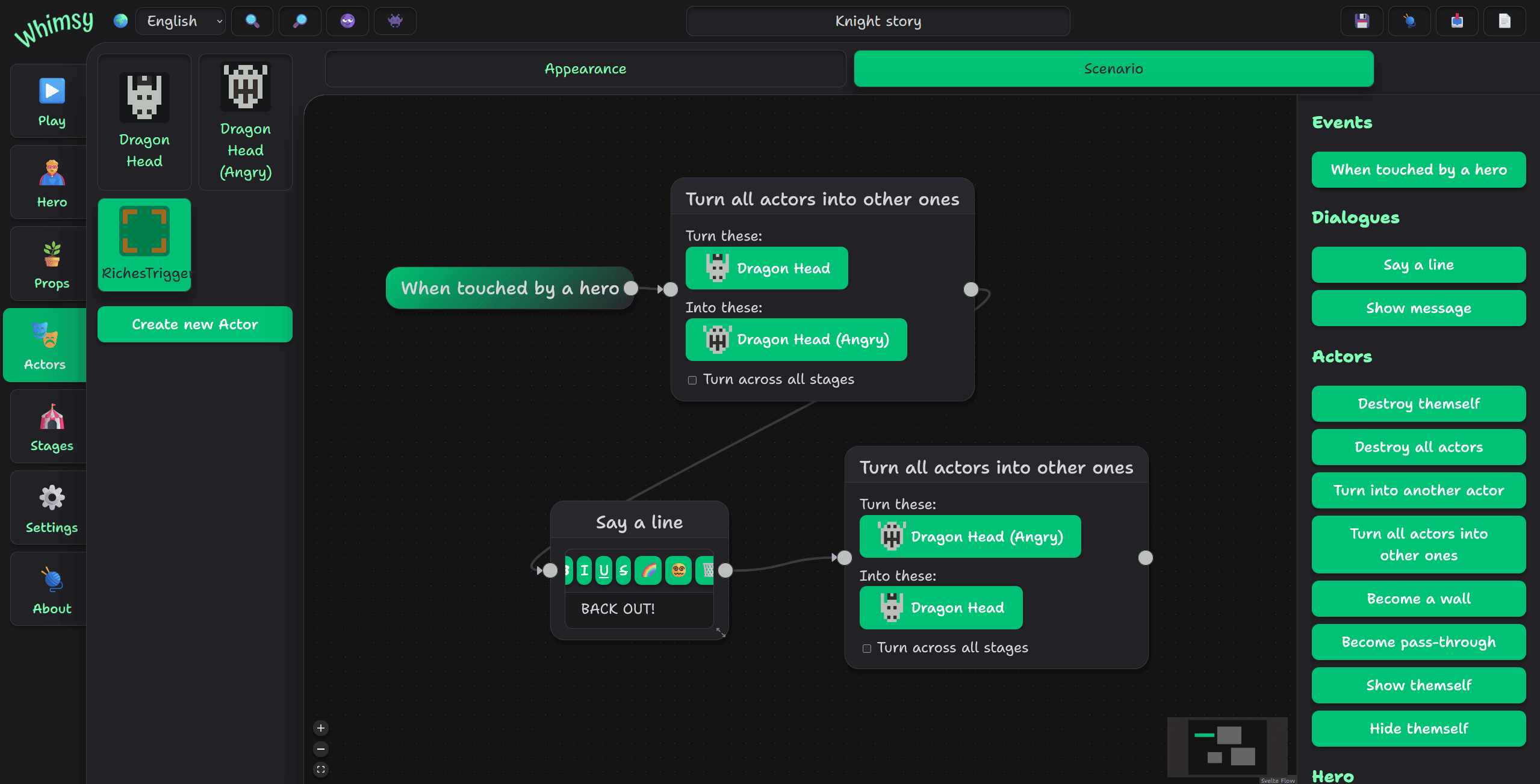 A screenshot of Whyimsy, a game creation engine.